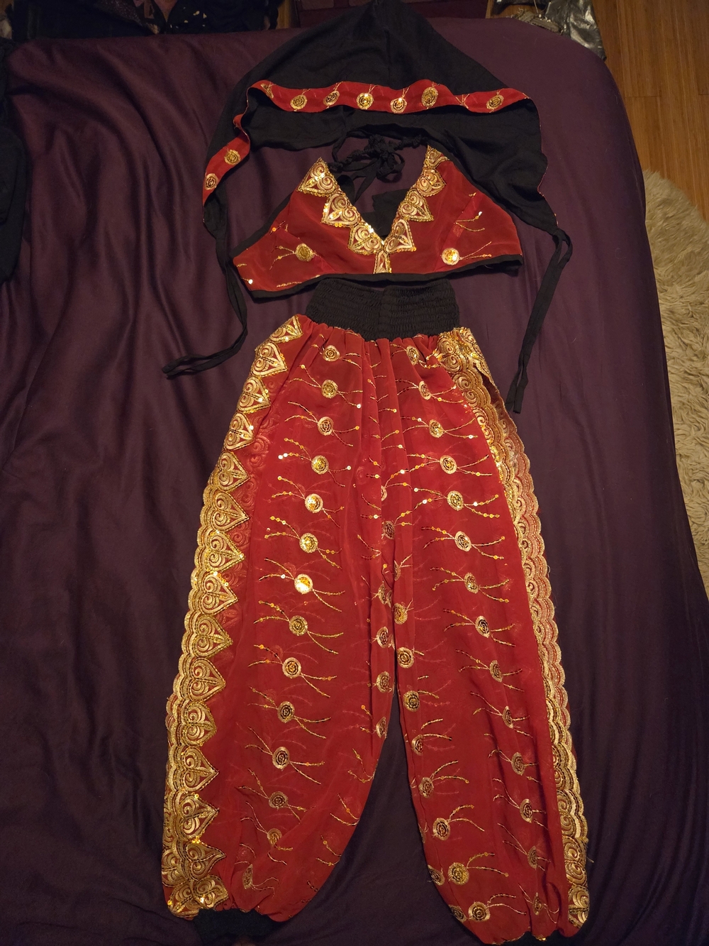 Red and Gold Belly Dance Costume with Hood